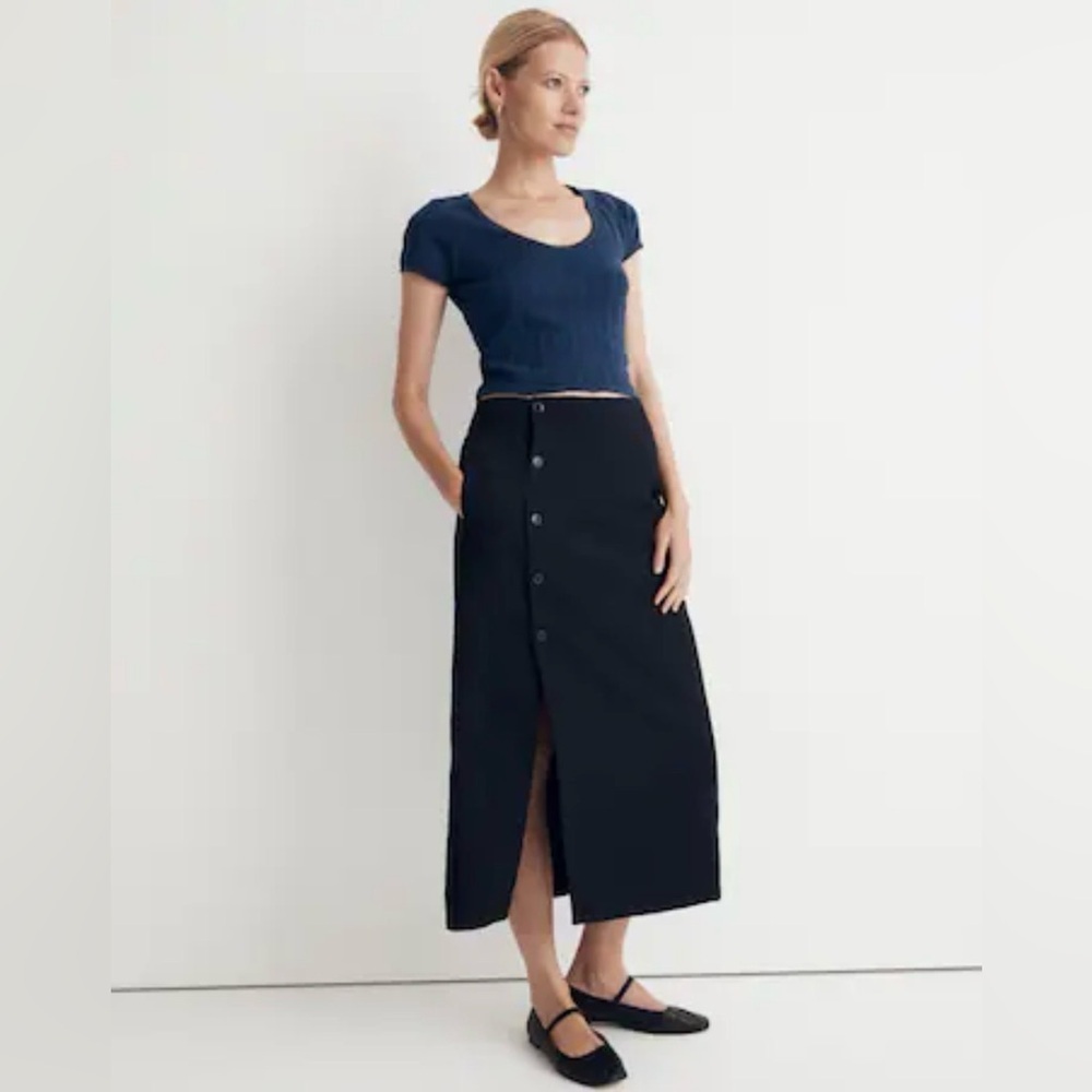 Madewell Navy Button-Front Midi Skirt